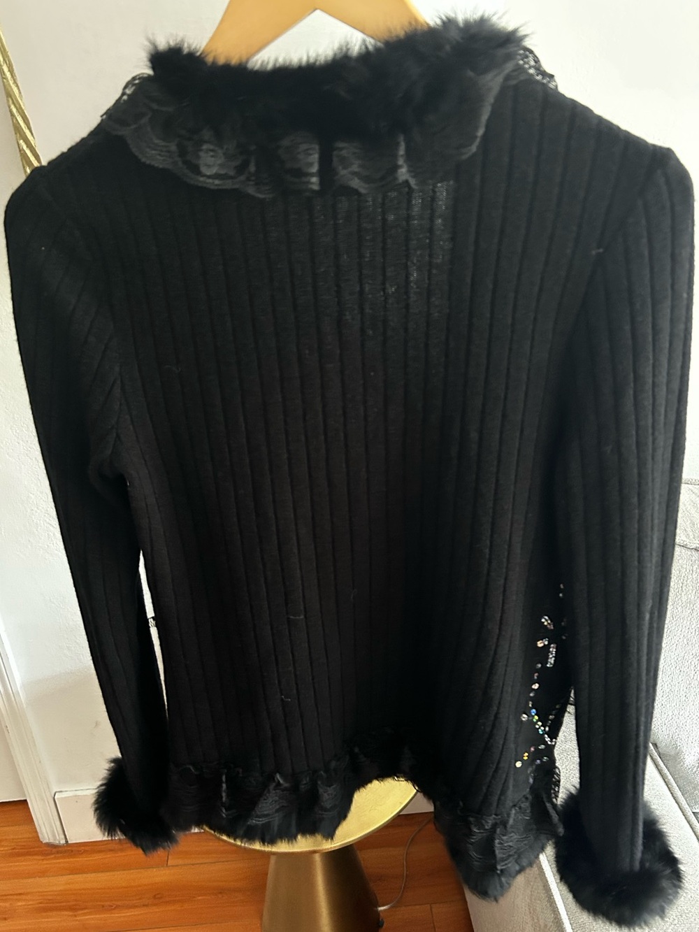 Vtg Knits Lace Sequins Fur Cardigan Sweater XL Linen Blend Whimsigoth Witchy - Picture 7 of 16